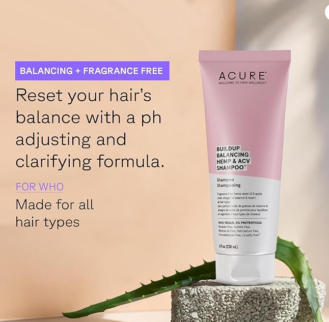ACURE Buildup Balancing Hemp & Apple Cider Vinegar Shampoo | 100% Vegan | Resets & Balances Hair for Styled, Swim & Harsh Conditions | Fragrance Free Formula | 8 Fl Oz