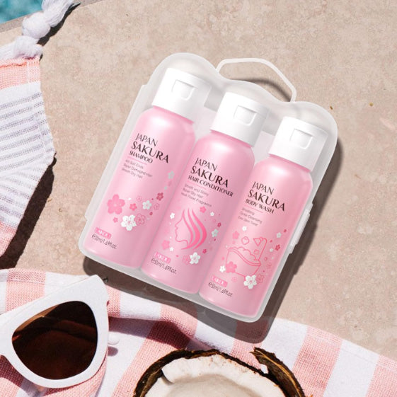 Travel Sakura Bath & Hair Care Set Women Beauty Sets Skin Care Kit with Shampoo, Conditioner, Body Wash - Hydrating, Moisturizing and Cleansing (3pcs)