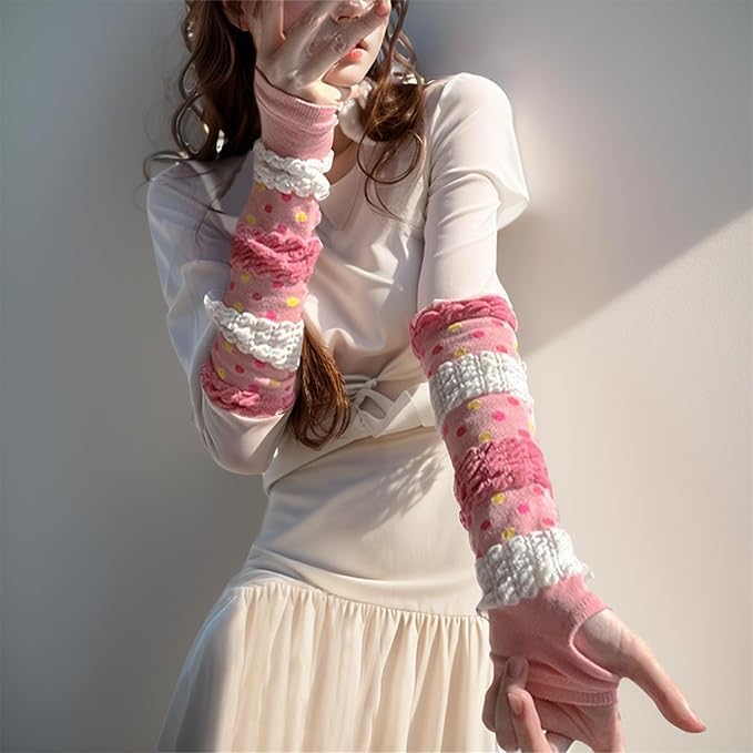Pink Y2K Harajuku Arm Warmers – Fingerless Striped Gloves for Fairycore, Grunge, and Pastel Goth Aesthetics