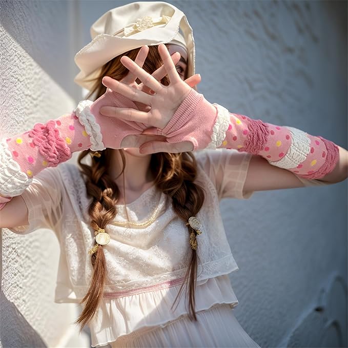 Pink Y2K Harajuku Arm Warmers – Fingerless Striped Gloves for Fairycore, Grunge, and Pastel Goth Aesthetics