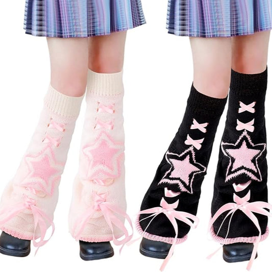 Goth Kawaii Pink Lace 2-Pack Flare Knit Leg Warmers