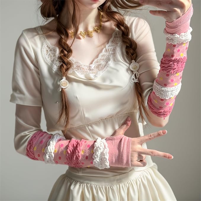 Pink Y2K Harajuku Arm Warmers – Fingerless Striped Gloves for Fairycore, Grunge, and Pastel Goth Aesthetics