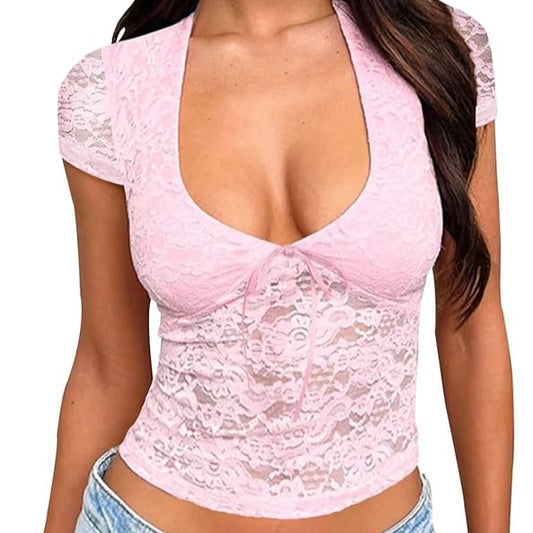 Lace Bow Tie Deep V Neck Y2K Top – Sexy Semi-Sheer Going Out Blouse