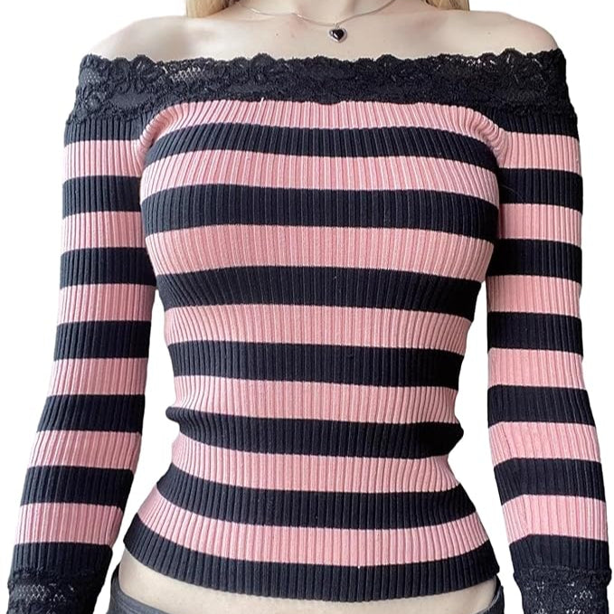 Goth Off-Shoulder Lace Trim Crop Top – Long Sleeve Ribbed Knit Fairy Grunge Aesthetic Shirt for Women