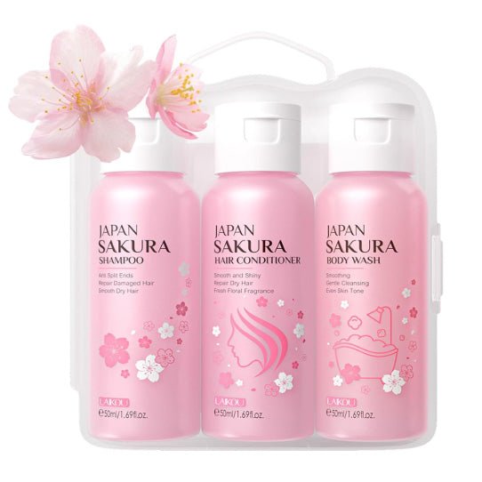 Travel Sakura Bath & Hair Care Set Women Beauty Sets Skin Care Kit with Shampoo, Conditioner, Body Wash - Hydrating, Moisturizing and Cleansing (3pcs)
