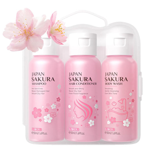 Travel Sakura Bath & Hair Care Set Women Beauty Sets Skin Care Kit with Shampoo, Conditioner, Body Wash - Hydrating, Moisturizing and Cleansing (3pcs)