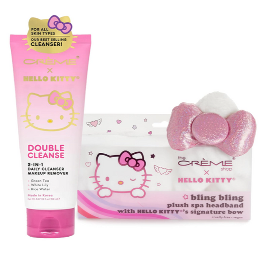 Beauty Bundle The Creme Shop X Hello Kitty Korean Skincare Spa Set 2 in 1 Double Cleanser Daily Cleanser & Makeup Remover & Bling Bling Plush Headband