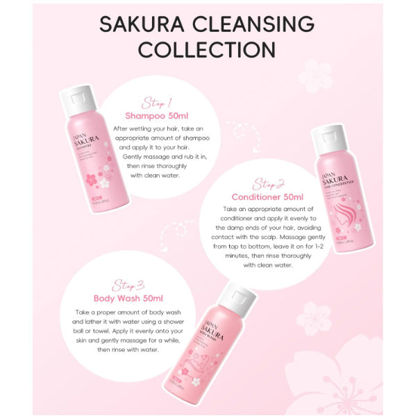 Travel Sakura Bath & Hair Care Set Women Beauty Sets Skin Care Kit with Shampoo, Conditioner, Body Wash - Hydrating, Moisturizing and Cleansing (3pcs)