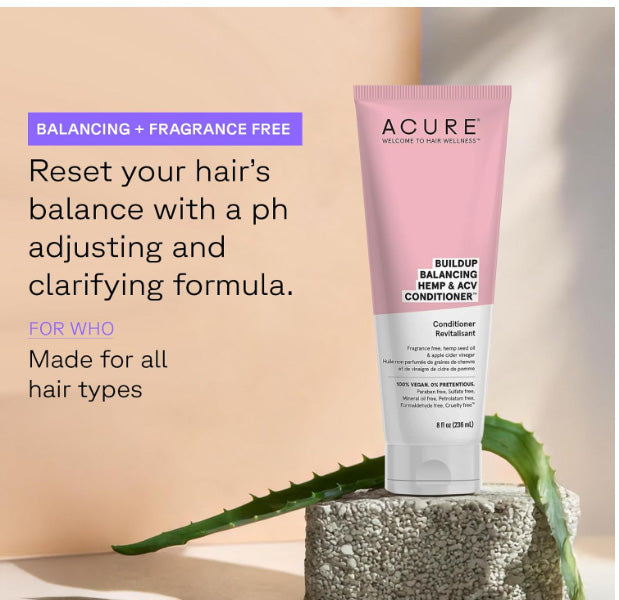 Acure Buildup Balancing Hemp & Apple Cider Vinegar Conditioner | 100% Vegan | Resets & Balances Hair for Styled, Swim & Harsh Conditions | Fragrance Free Formula | 8 Fl Oz