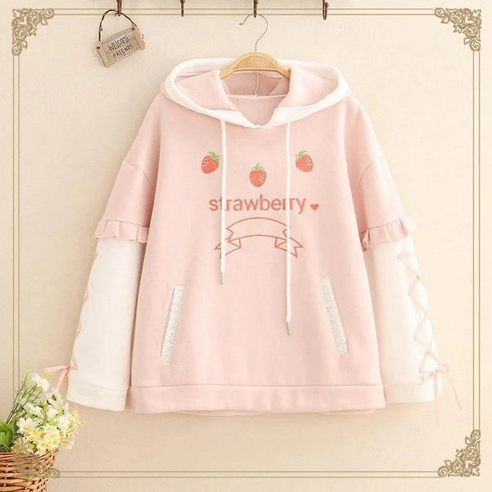 Strawberry Hoodie With Lace Up Sleeves